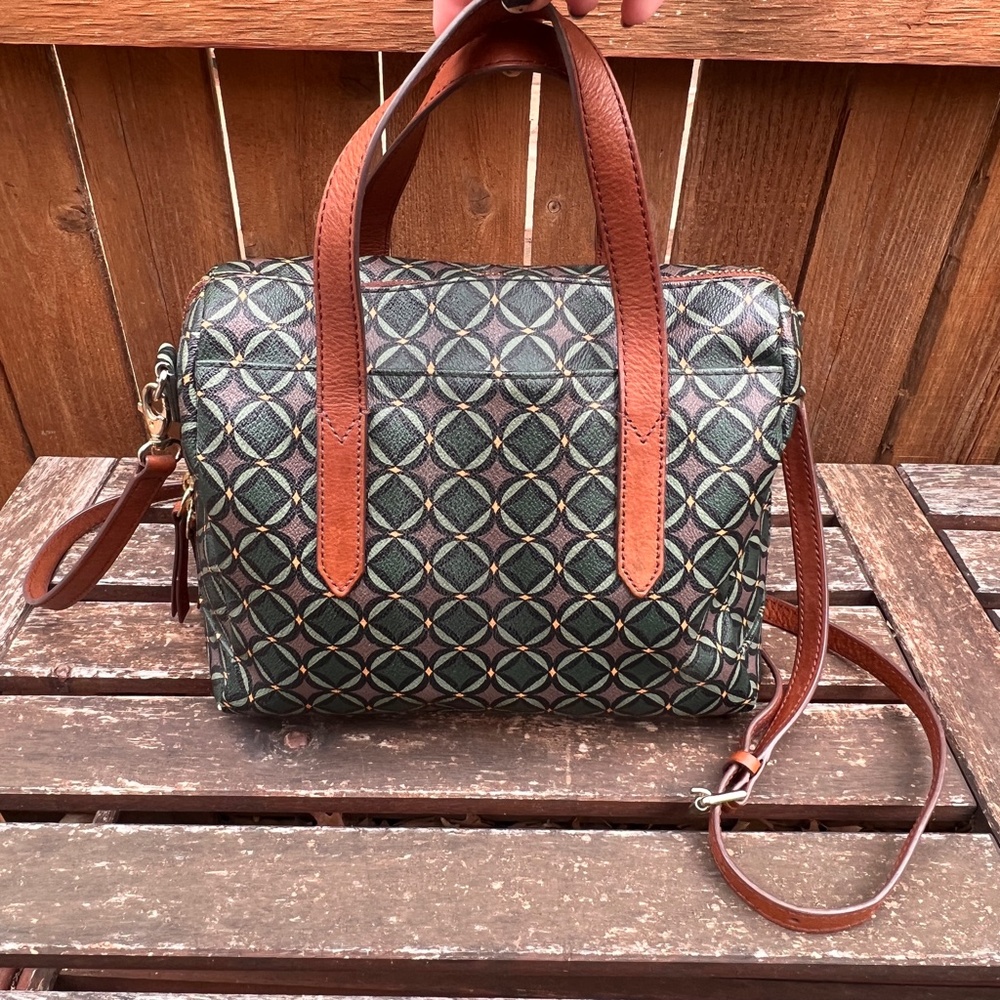 Fossil Green Print Bowler Bag With Matching Zip A… - image 2